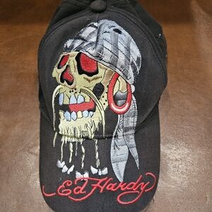 Vintage Ed Hardy Kids Boy's Pirate Skull Embroidered Hat black Adjustable Strap